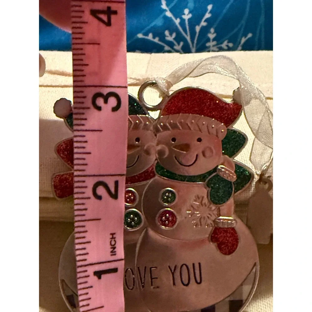 2020 Love You Snowman Couple Christmas Ornament Silver Tone Glitter Plaid Tag